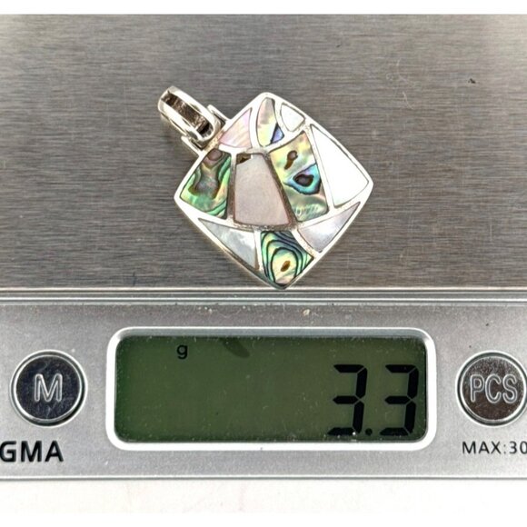 Vintage 925 Sterling Silver Abalone & Mother of Pearl Inlay Mosaic Pendant 3.3g - Picture 8 of 9